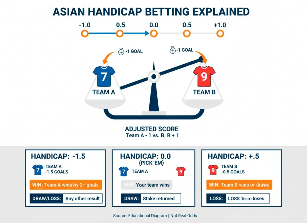Asian handicap betting diagram explaining goal handicap system with team comparisons and calculations
