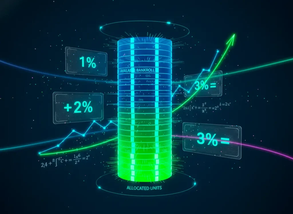 3D visualization of bankroll management system showing unit allocation strategy with 100 segments representing percentage-based betting stakes