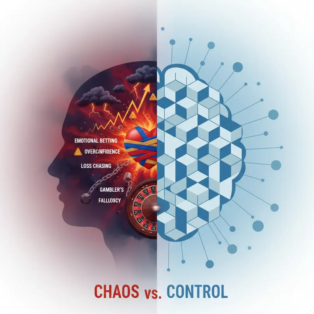 Betting psychology traps illustration depicting cognitive biases and emotional pitfalls in gambling decisions with contrasting chaos versus rational thinking