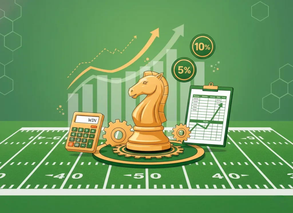Strategic betting approach illustration with chess pieces, financial charts and bankroll management concepts