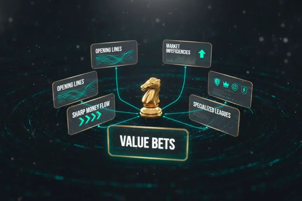Strategic illustration showing how to exploit betting market inefficiencies, find value bets, and follow sharp money movements