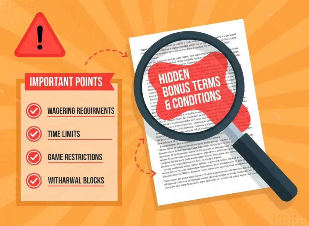 Warning infographic highlighting hidden bonus terms and conditions with magnifying glass