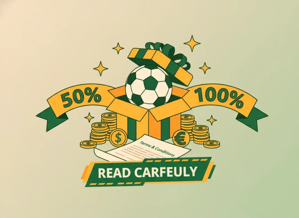 Bookmaker bonuses and promotions illustration showing gift rewards with warning symbols and terms documentation