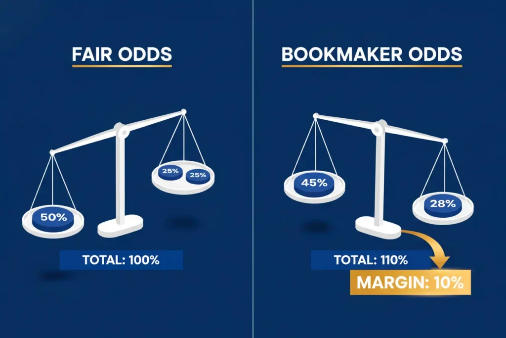 Diagram illustrating how bookmakers convert fair probabilities into profitable odds by adding margin percentage