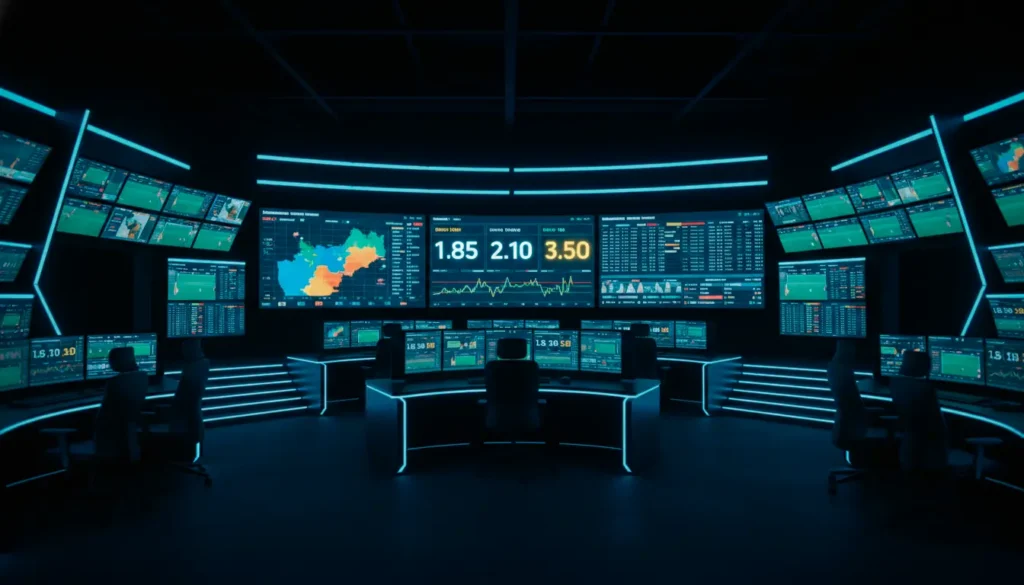 Modern bookmaker analytics command center with multiple monitors displaying live football odds, statistics, and real-time betting data
