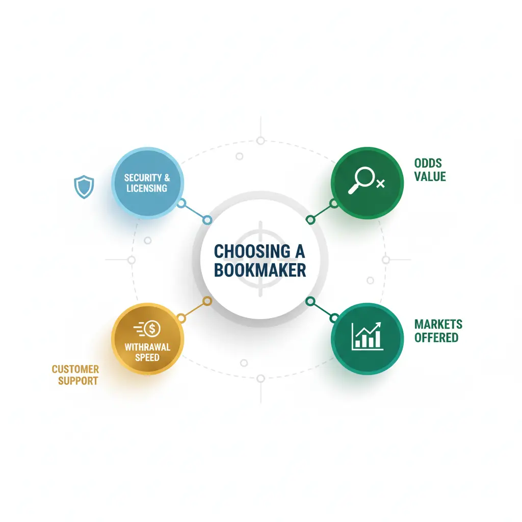 Key factors for bookmaker selection including odds quality security withdrawal speed market depth and customer support