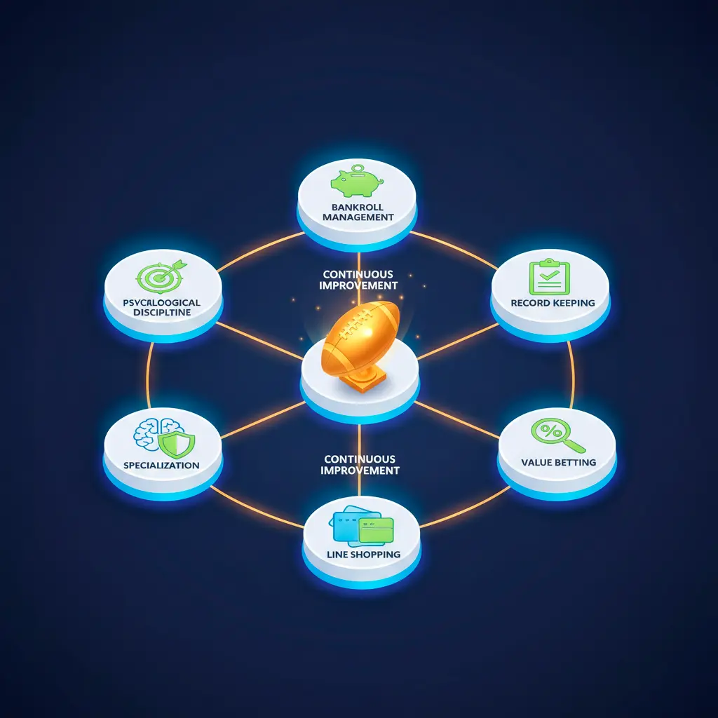 Complete betting strategy framework diagram showing interconnected elements including bankroll management value betting line shopping and psychological discipline