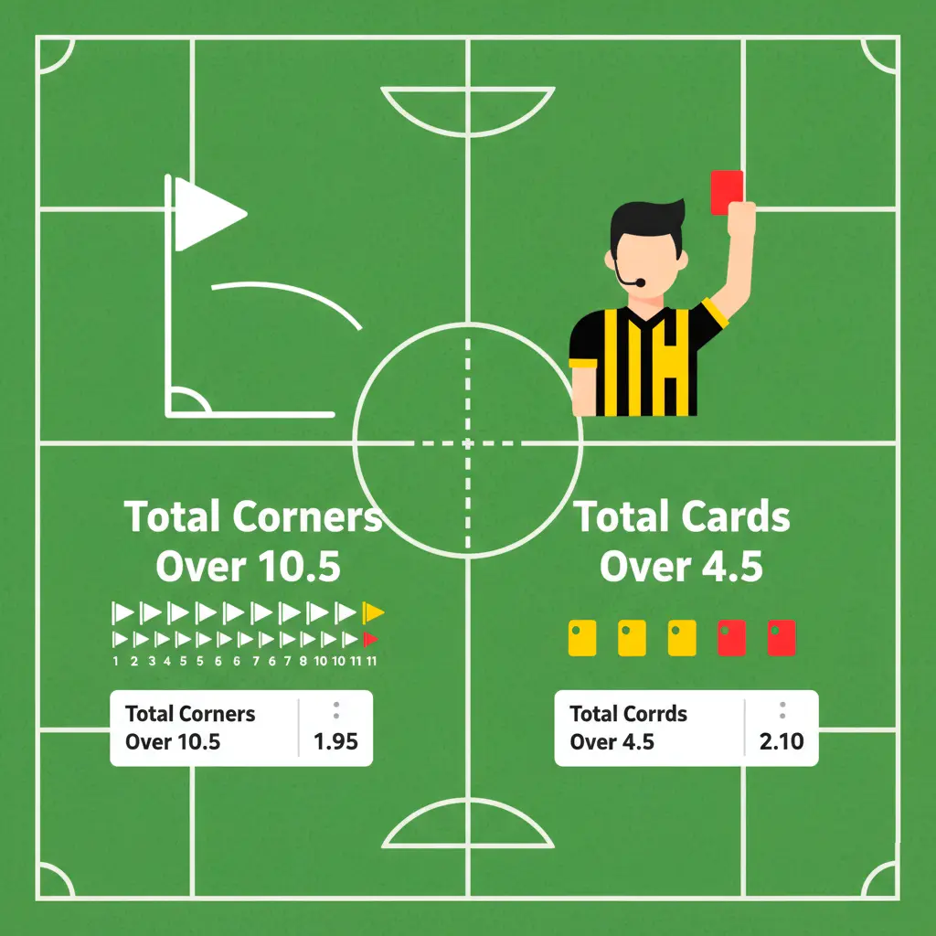 Alternative betting markets infographic showing corner kicks and card betting options with icons and odds