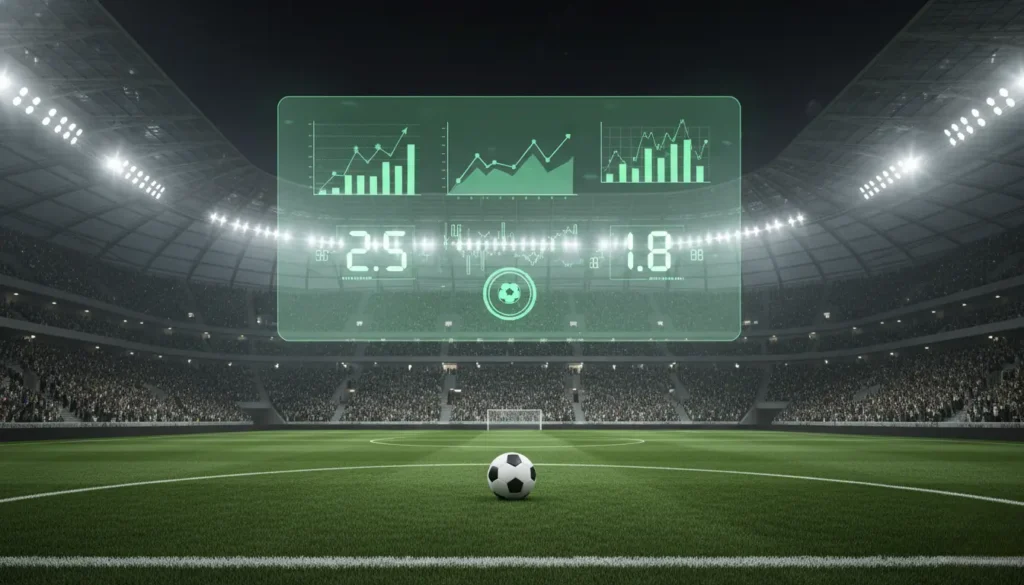 Professional football betting guide showing stadium with digital odds overlay and betting statistics