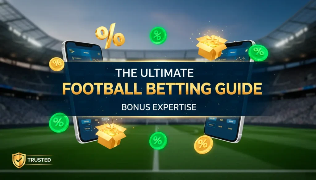 Football bookmaker bonuses comprehensive guide with stadium background and bonus icons