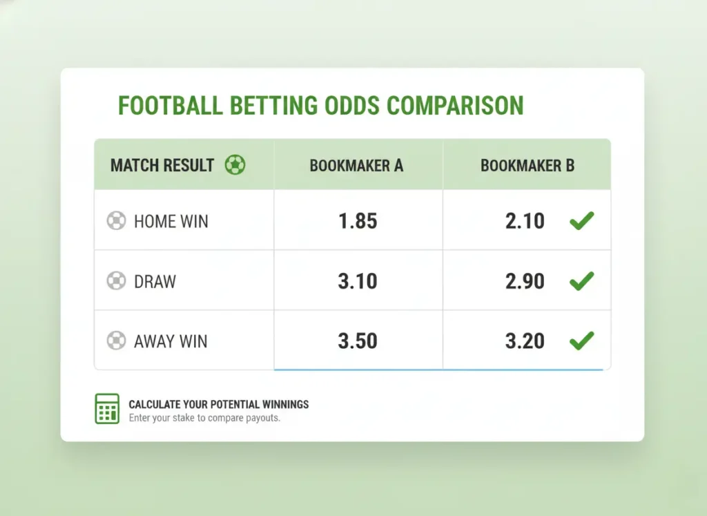 Football betting odds comparison dashboard showing different bookmaker prices and best value indicators
