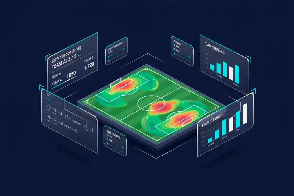 Data visualization of football match probability calculations showing expected goals metrics, Elo ratings, and statistical analysis