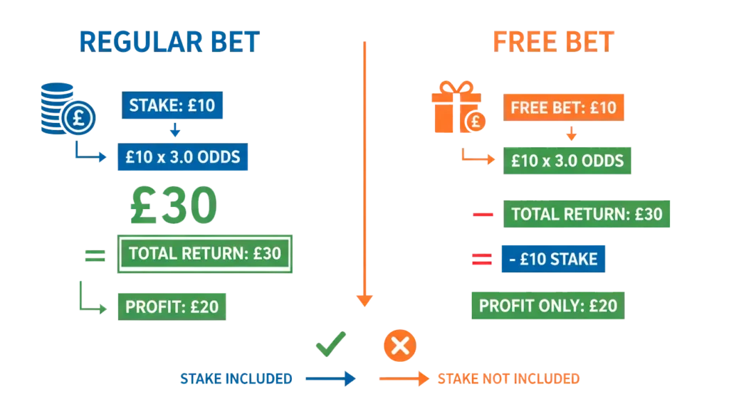 Free bet vs regular bet comparison diagram showing stake return differences