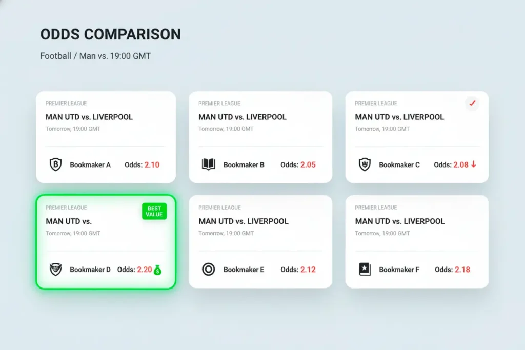 Line shopping odds comparison dashboard showing multiple bookmaker betting slips with different odds for same football match highlighting best value opportunities