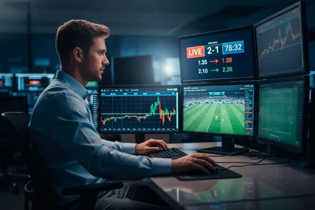 Professional odds trader managing live betting markets during a football match with multiple screens showing real-time data