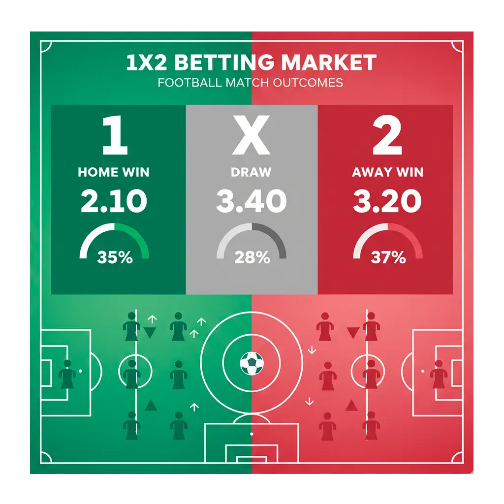 1X2 betting market infographic showing home win, draw, and away win options with odds and probabilities