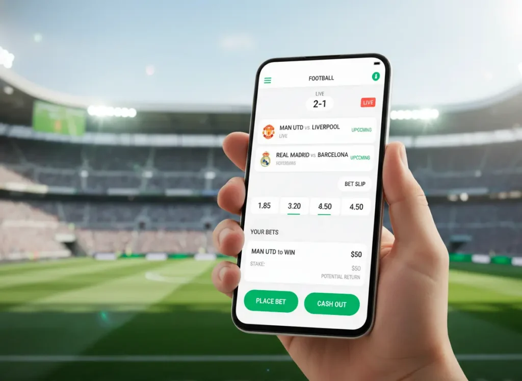 Modern smartphone displaying football betting app interface with live matches, odds and bet slip