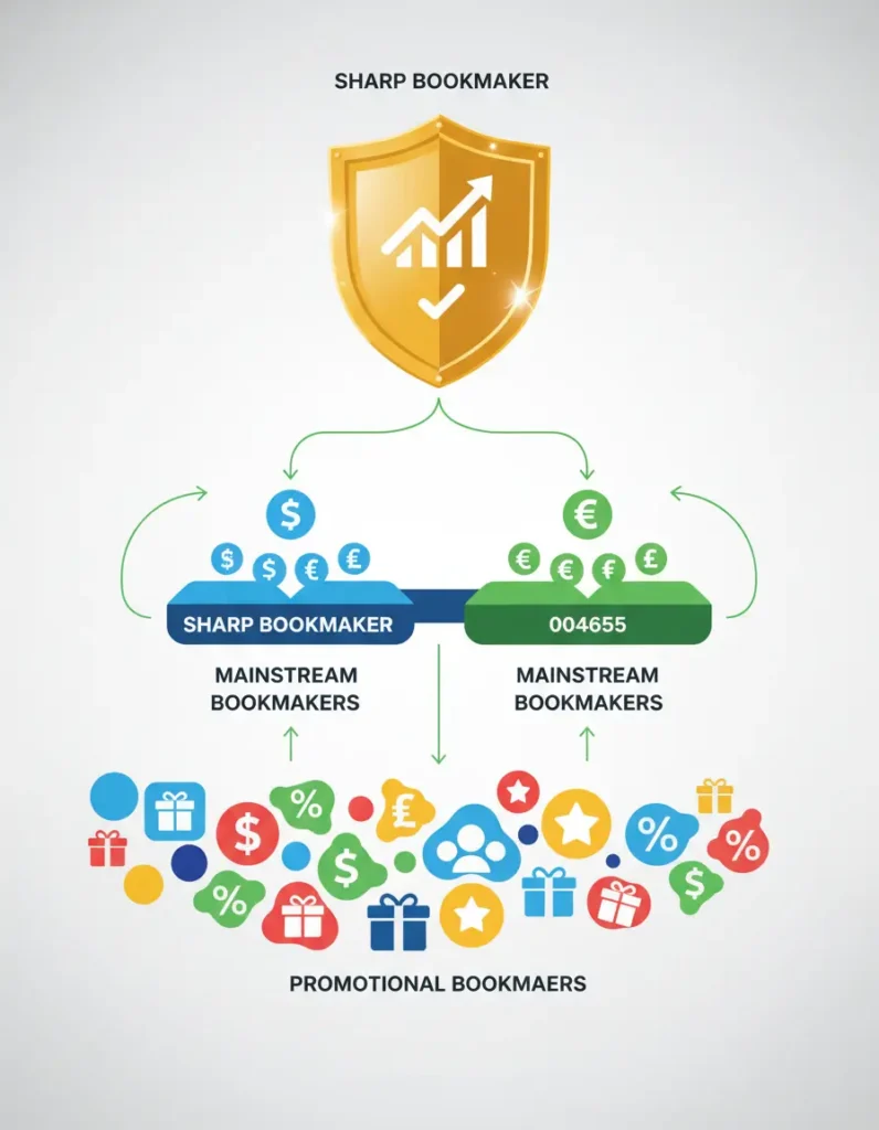 Multi-bookmaker betting strategy showing layered approach with sharp bookmakers mainstream platforms and promotional specialists