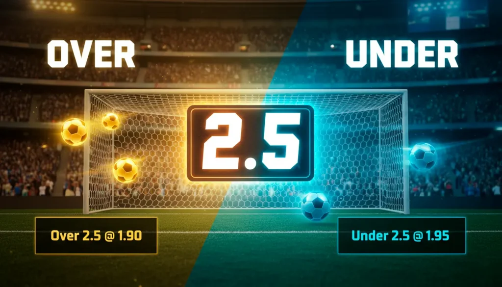 Over/under 2.5 goals betting visualization showing goal threshold concept with stadium background