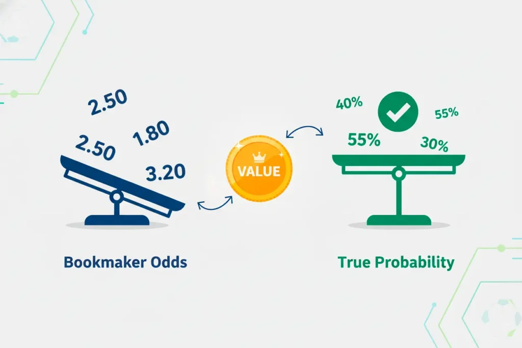 Value betting concept illustration showing comparison between bookmaker odds and true probability with balanced scales representing betting value