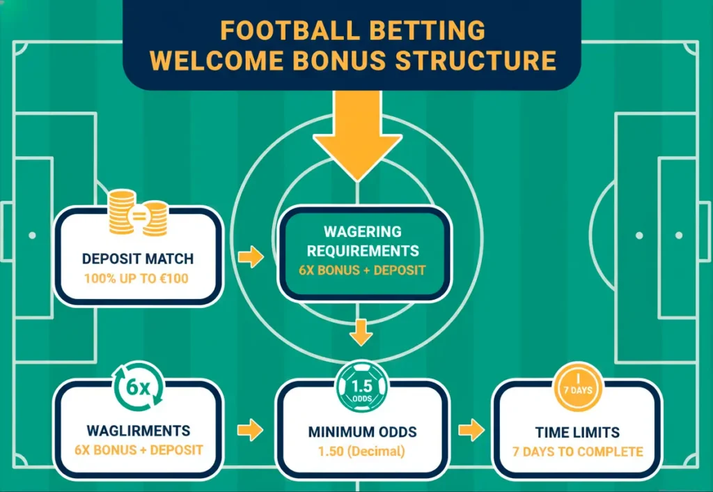 Welcome bonus structure infographic showing deposit match, wagering requirements, minimum odds and time limits