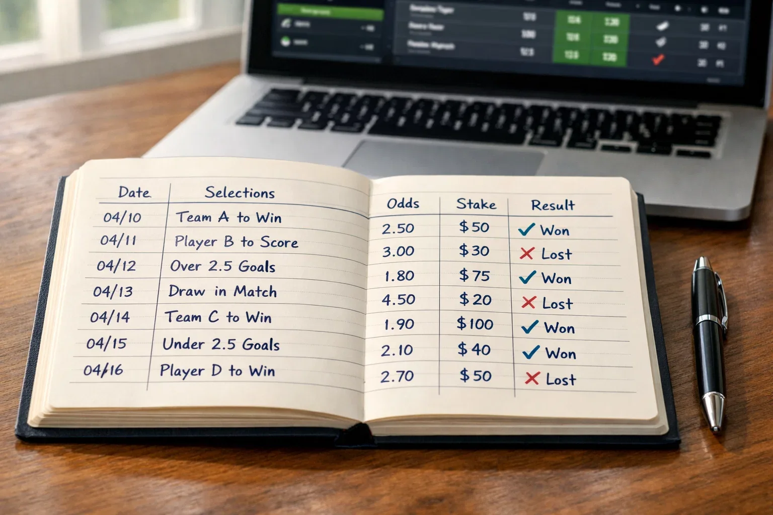 Notebook showing accumulator betting records and stake calculations