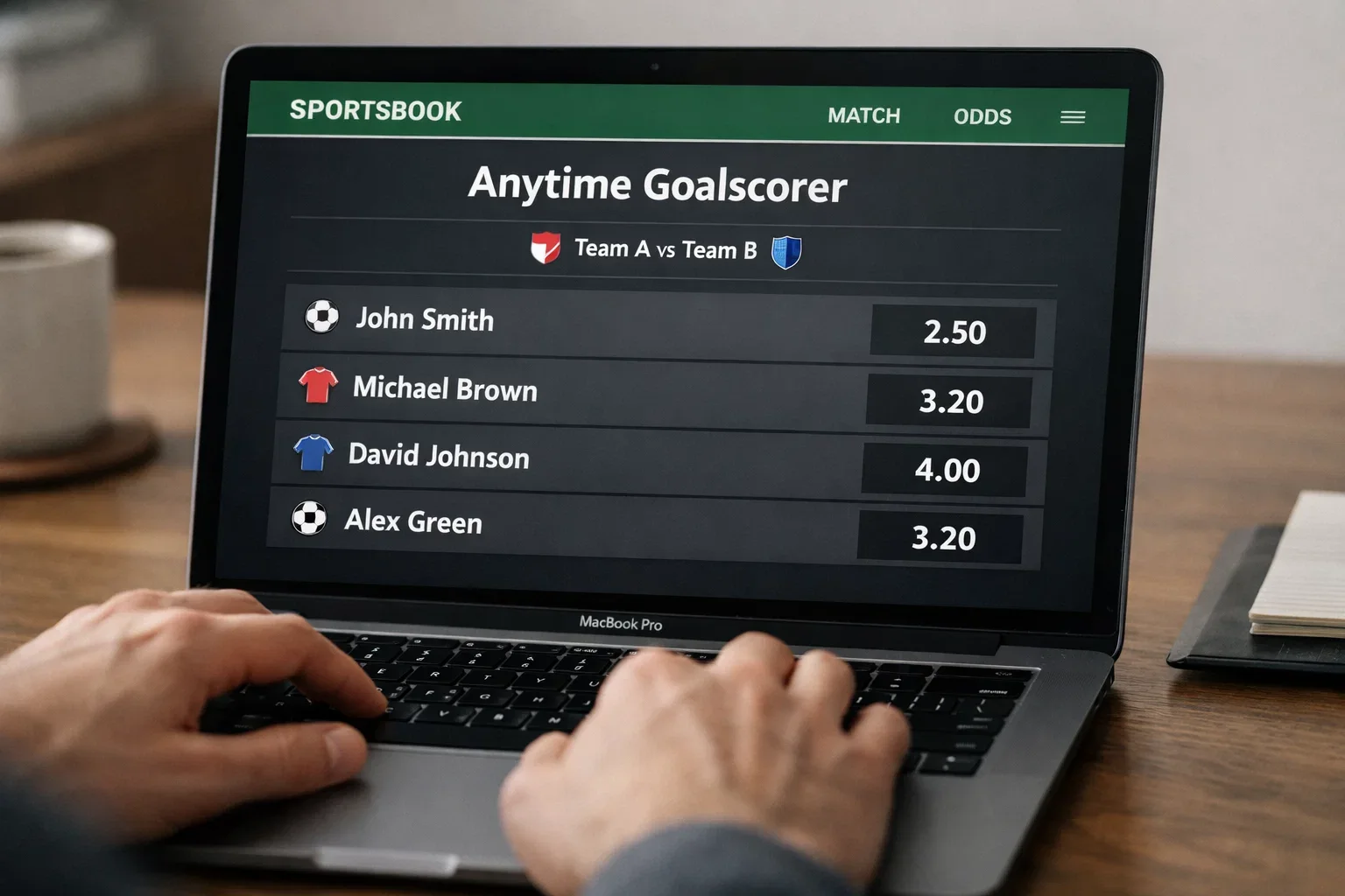 Betting interface showing anytime goalscorer odds for different players