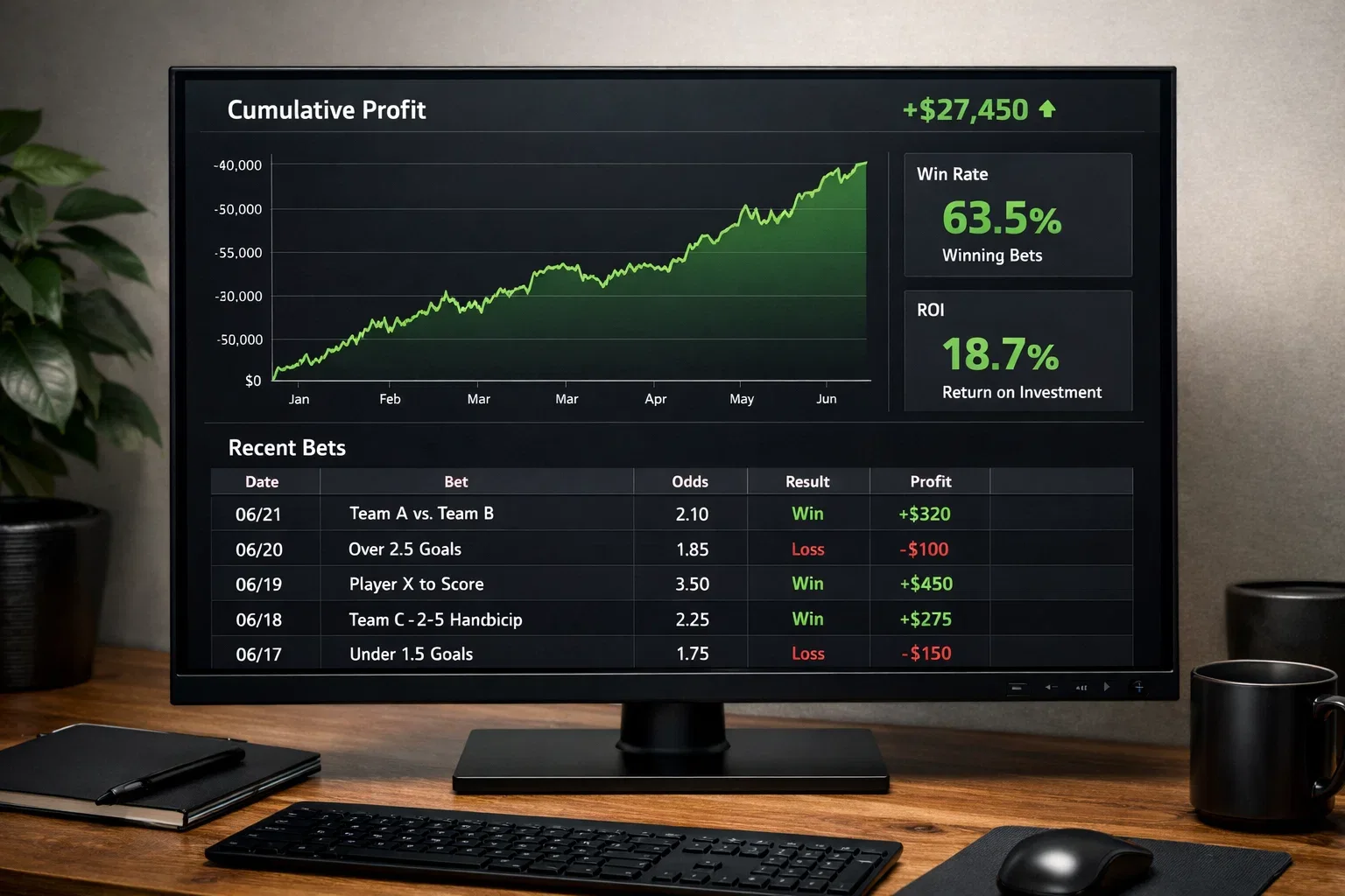 Dashboard showing arbitrage betting profit tracking and statistics
