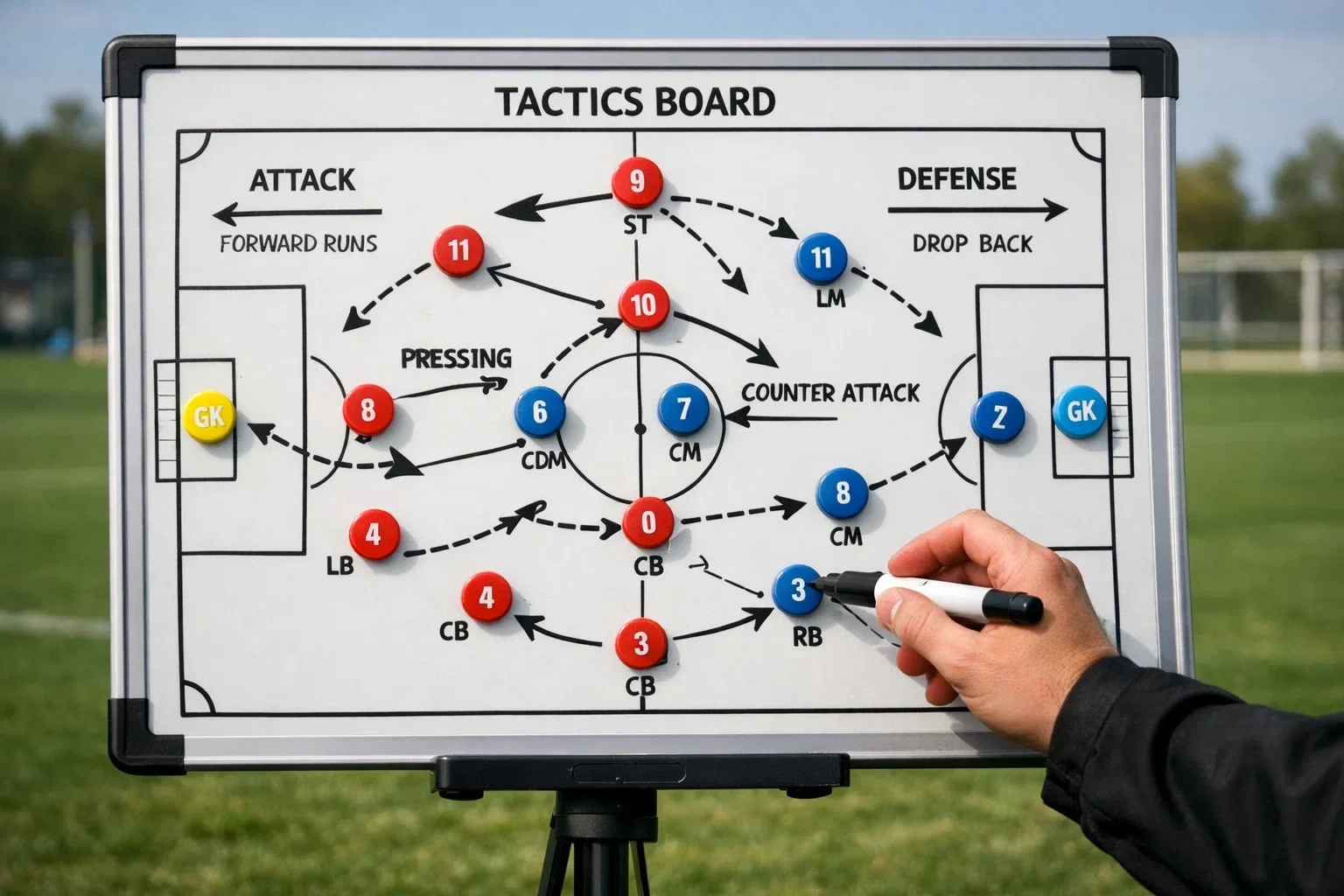 Football tactical board showing team formations and attacking patterns