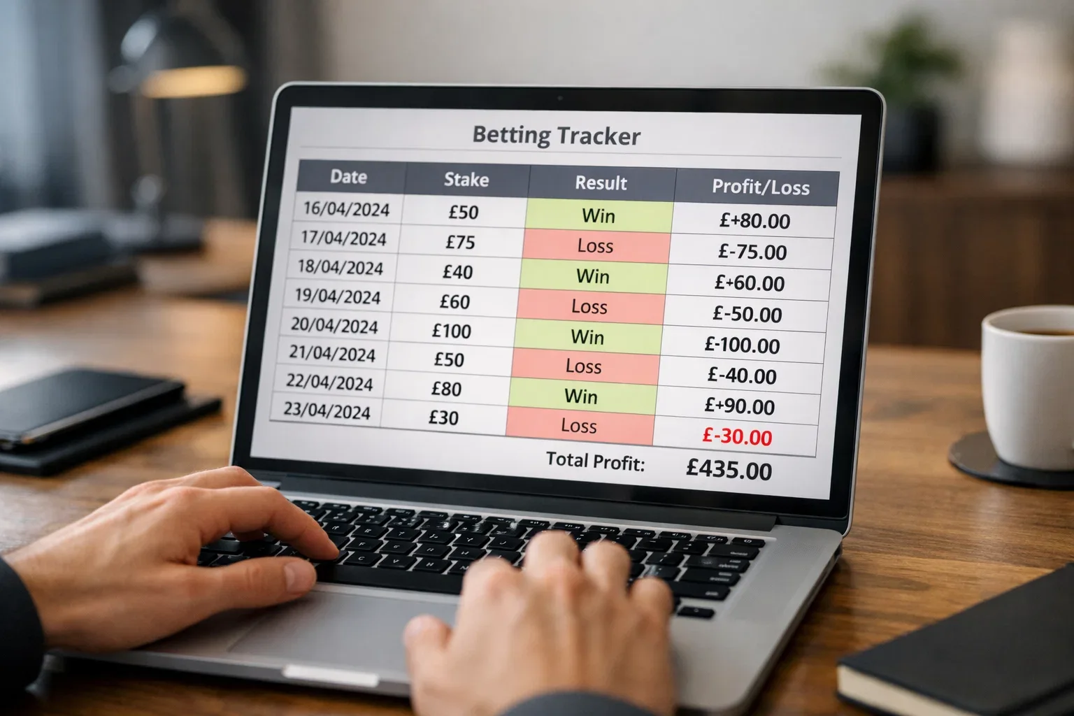 Laptop showing detailed betting tracking spreadsheet with profit columns