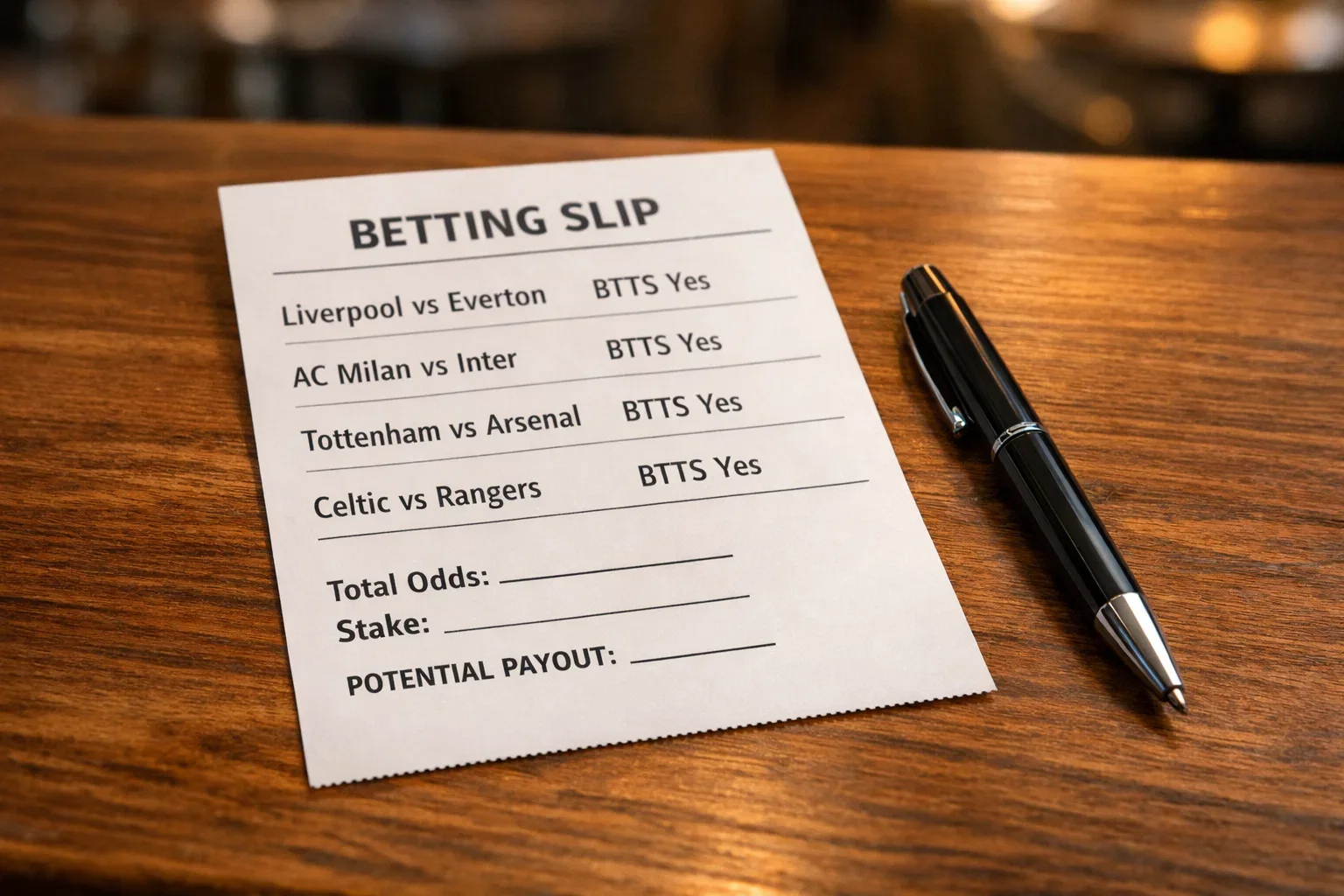 Betting slip showing multiple BTTS selections for different matches