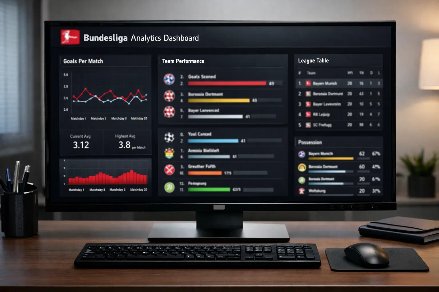 Computer screen showing Bundesliga statistics and analysis