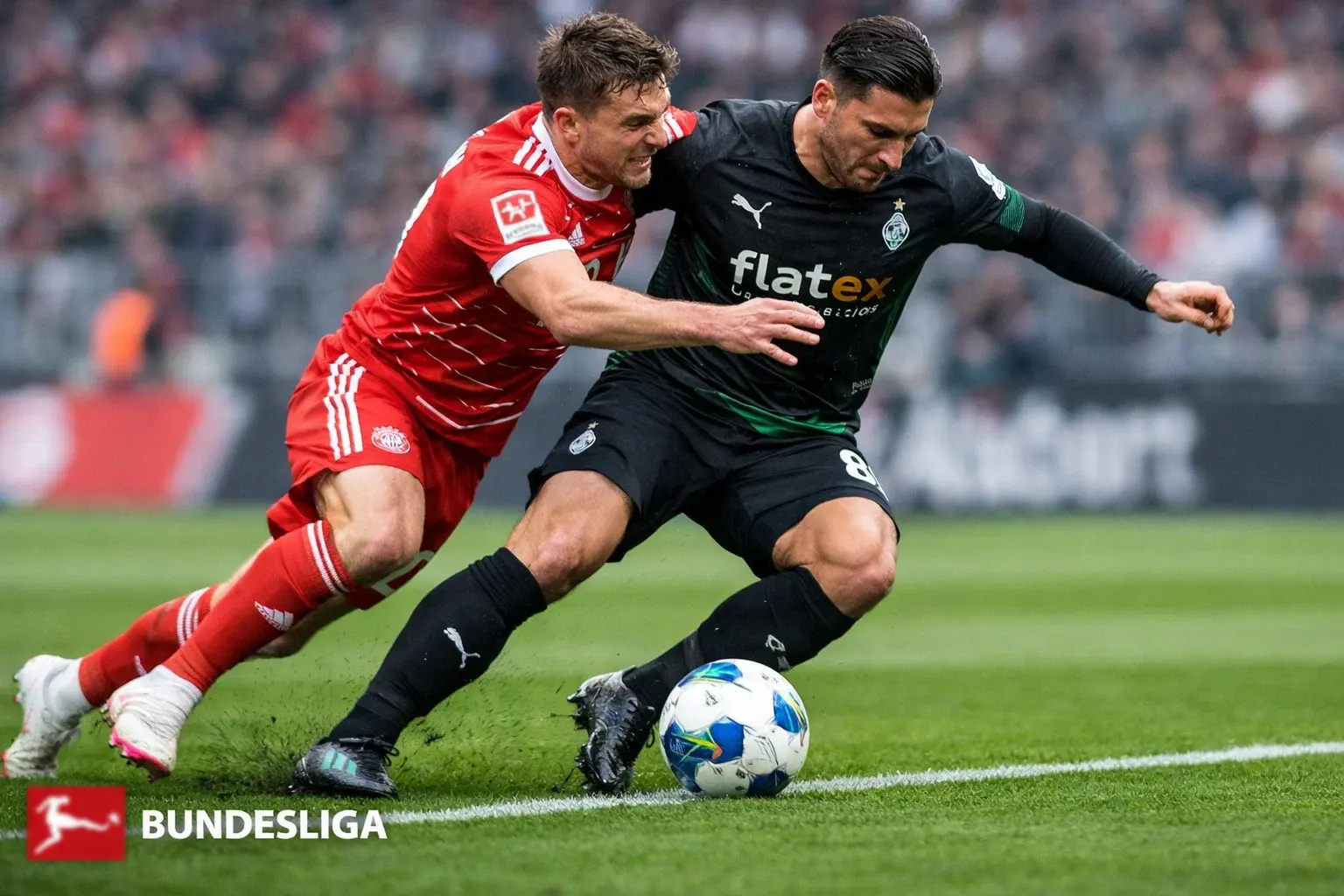Bundesliga players in high-pressing action during a match