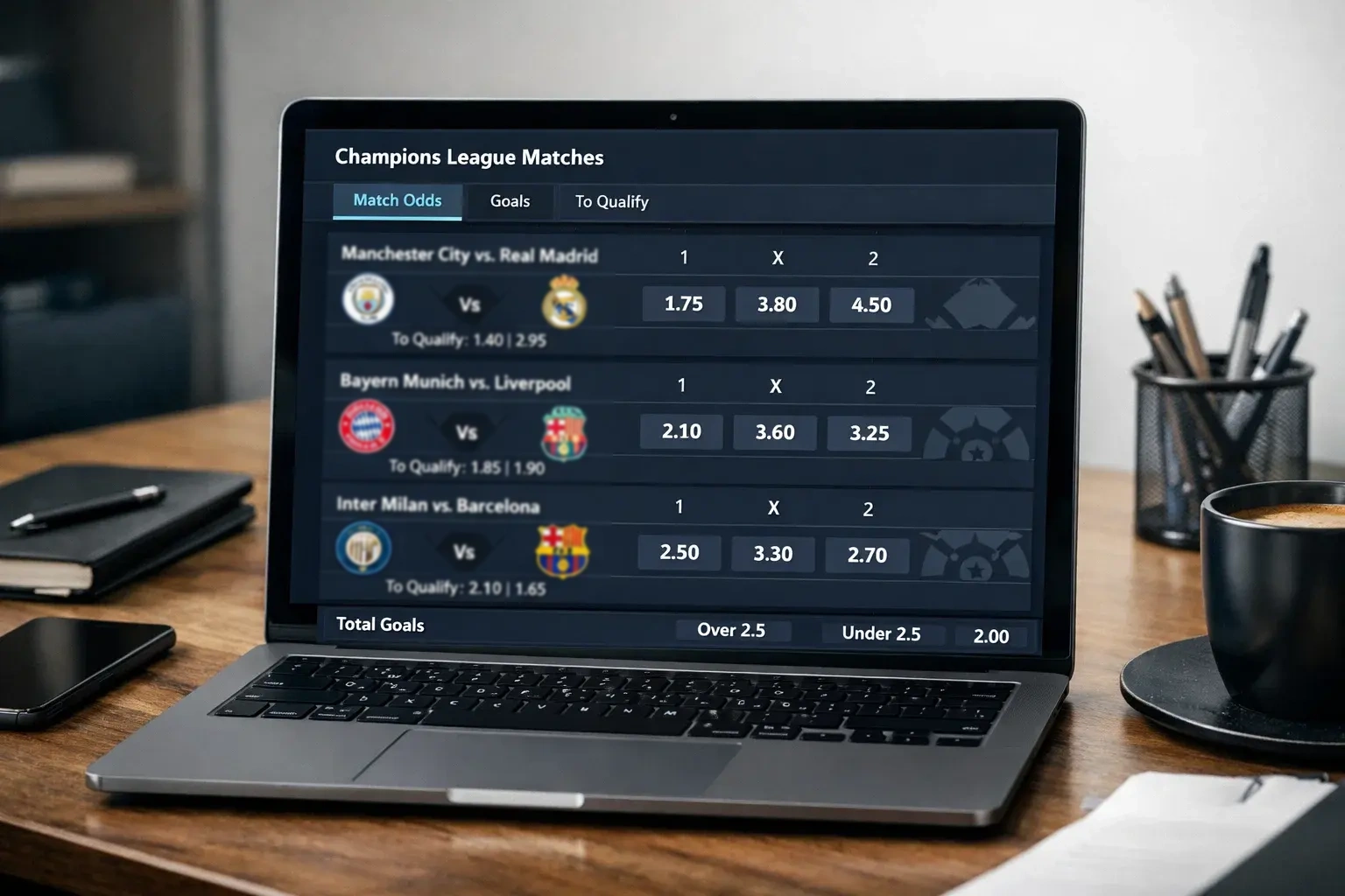 Betting website showing Champions League match markets and odds
