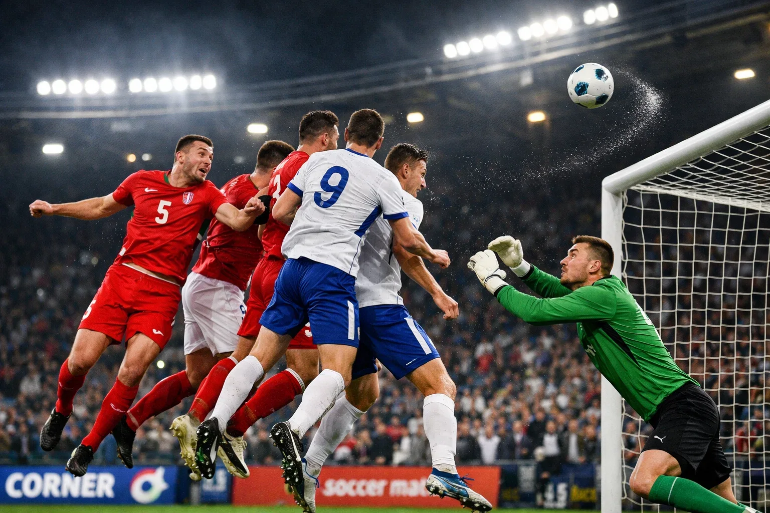 Wide shot of a corner kick being delivered into the penalty area