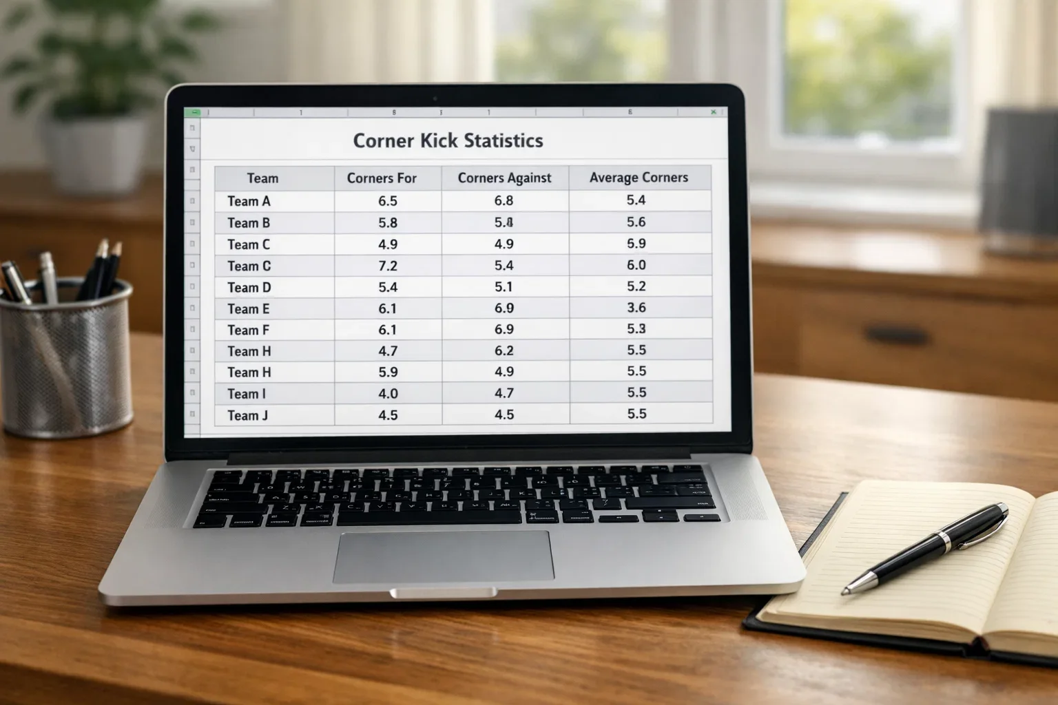 Spreadsheet showing corner statistics for different football teams