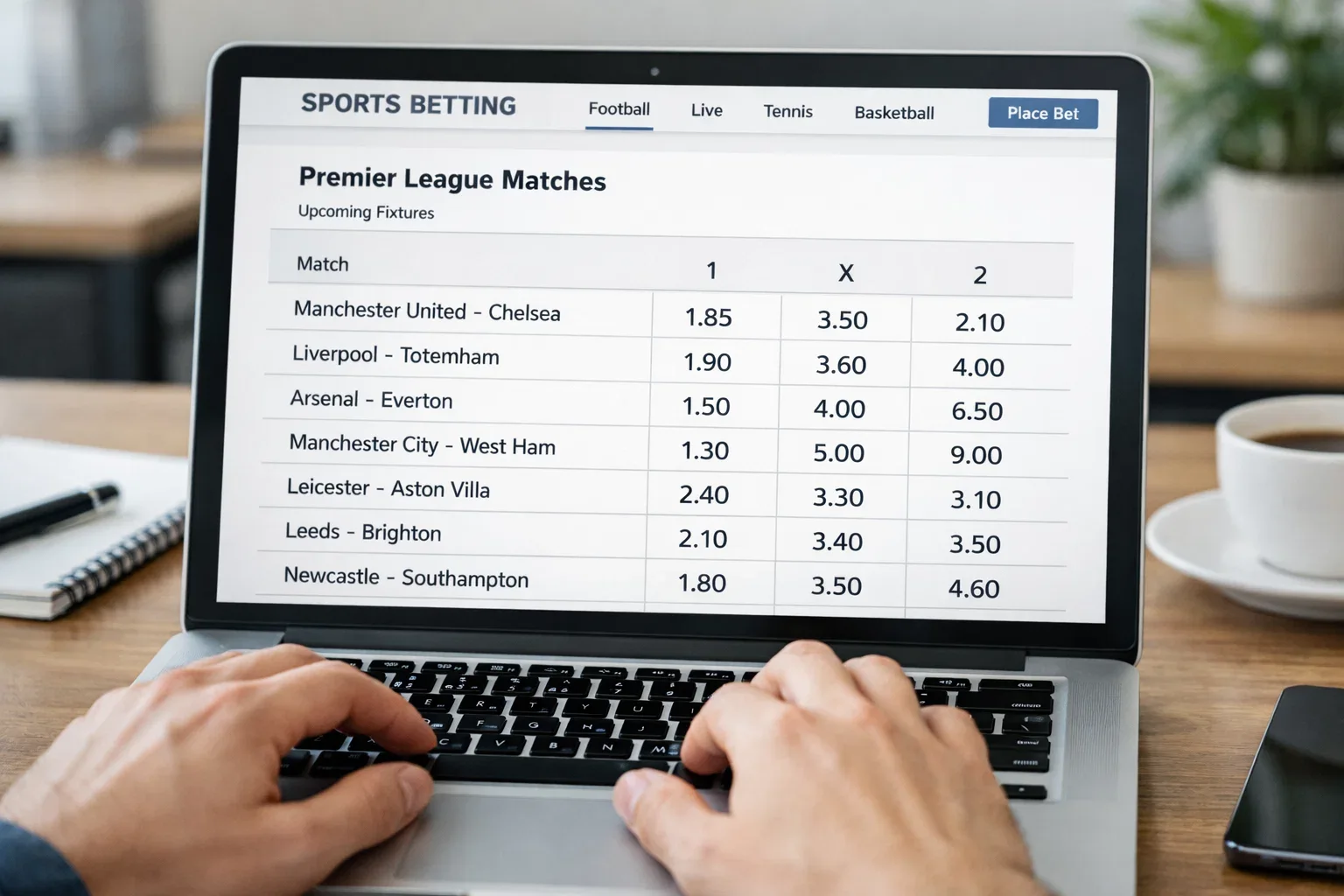Betting website interface showing decimal odds for football matches