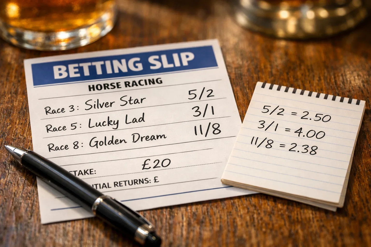 Betting slip showing fractional odds with conversion notes