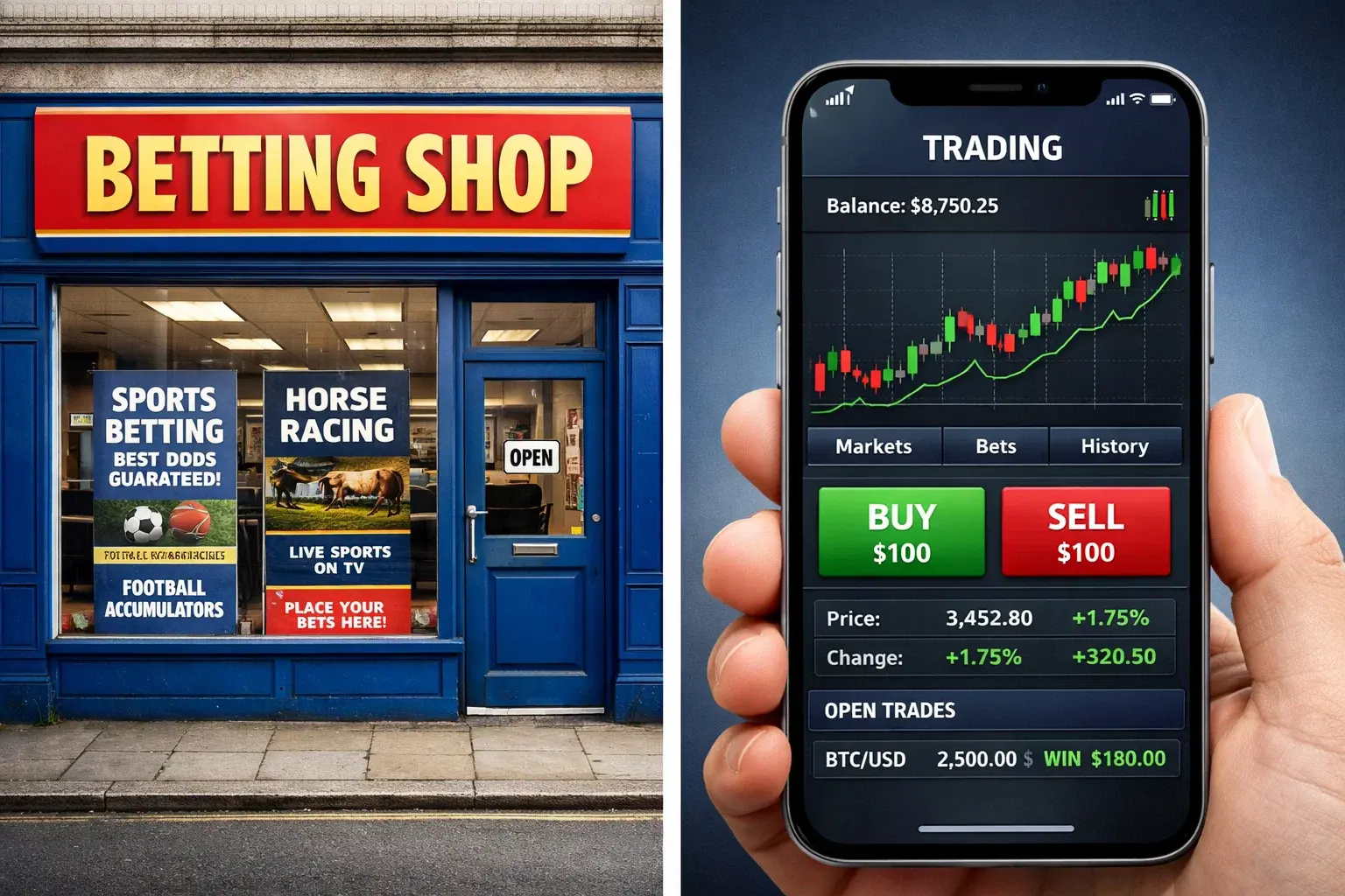 Split screen comparison showing traditional bookmaker shop exterior and modern exchange trading screen