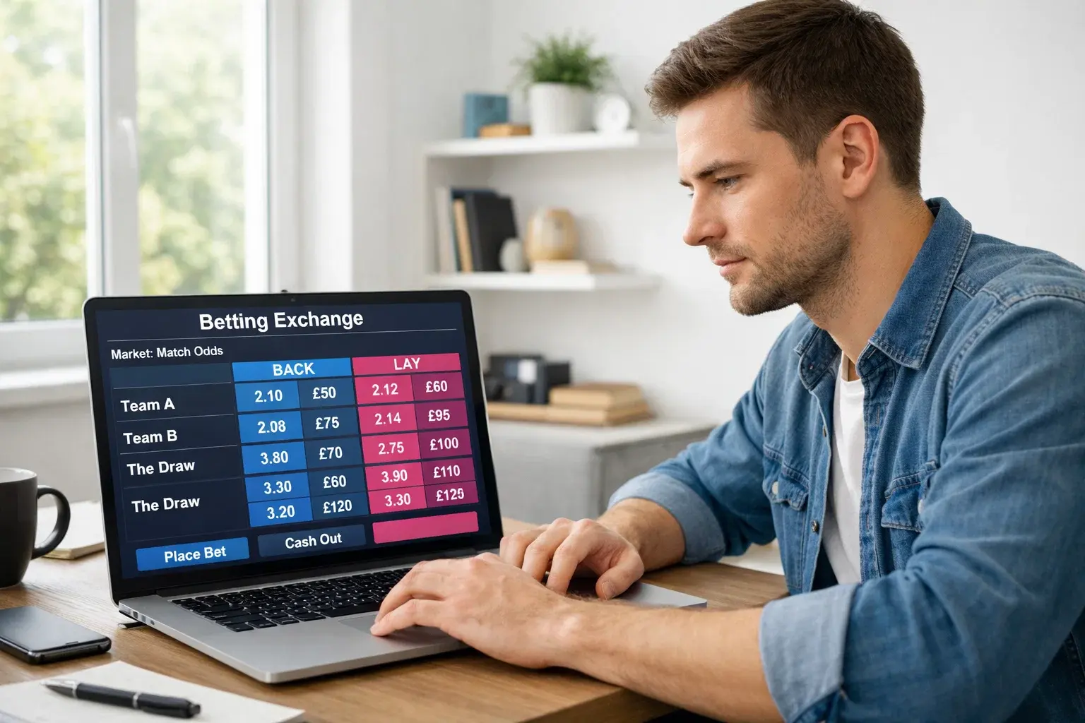 Person using laptop showing betting exchange interface with back and lay options