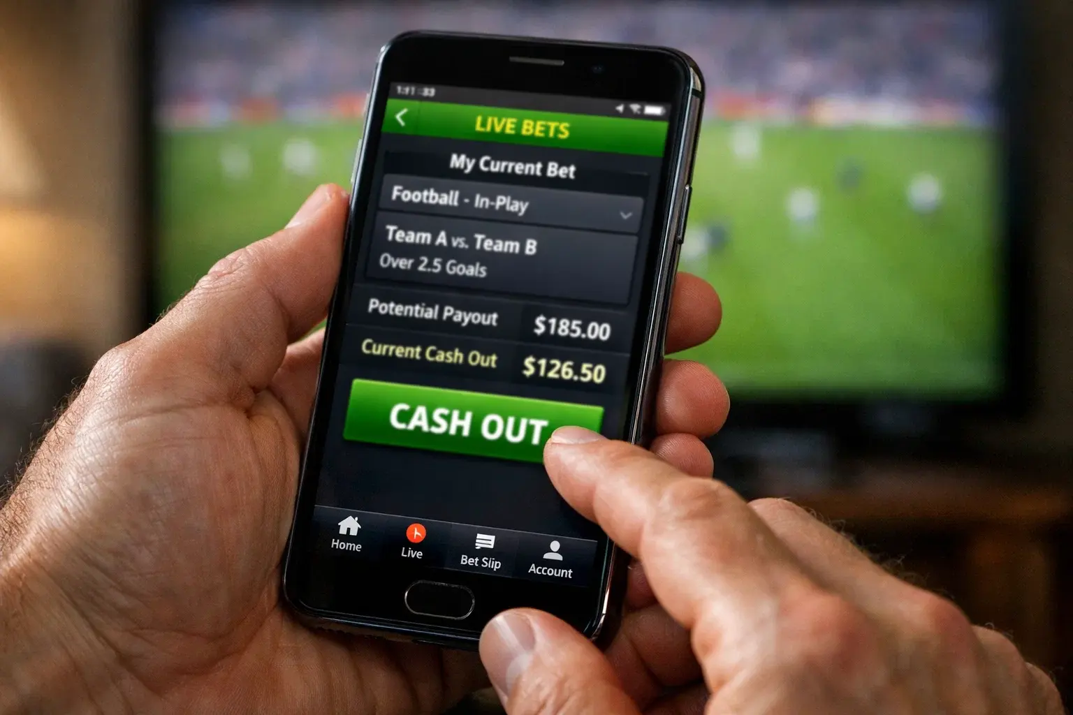 Close-up of hands holding smartphone with football match on TV in background showing tense game moment