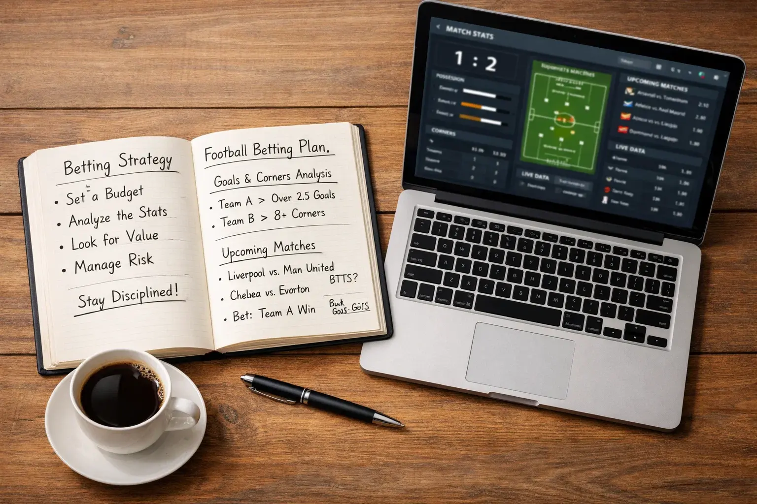 Notebook with handwritten betting strategy notes next to laptop showing football match statistics