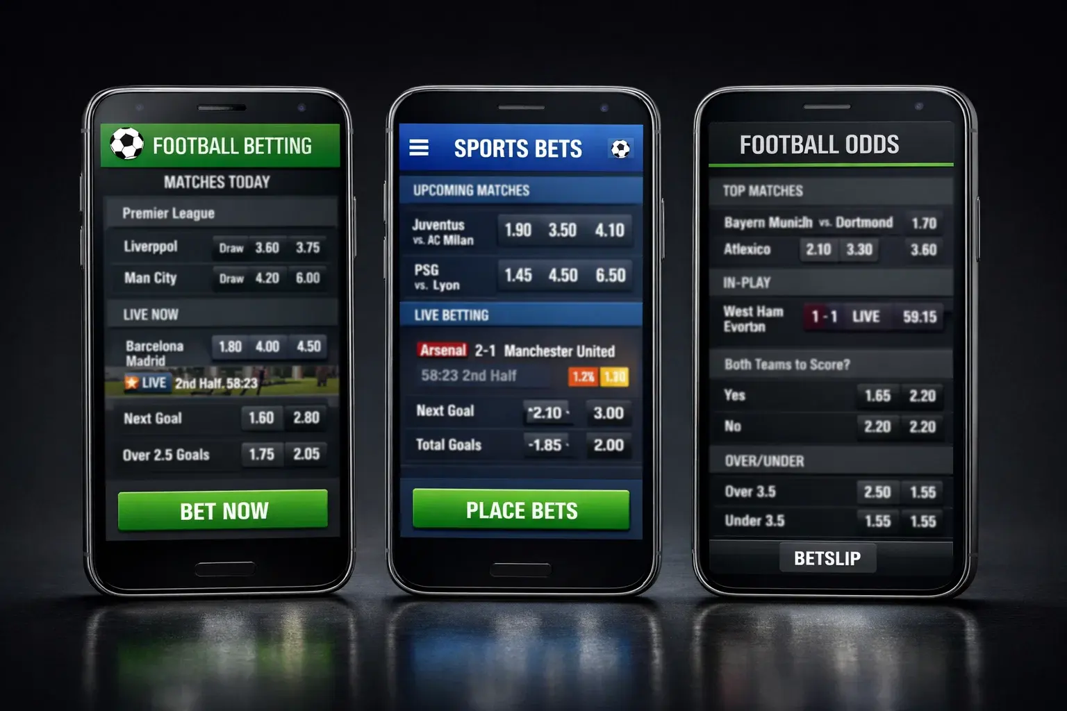 Multiple smartphones arranged showing different betting app interfaces with football markets