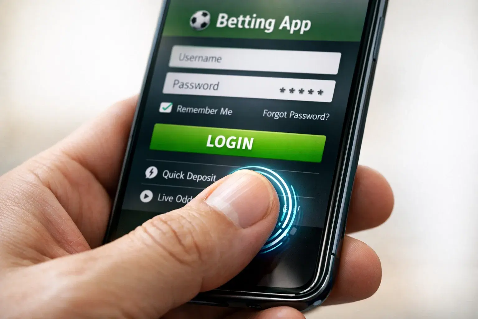 Person using fingerprint scanner on smartphone to access betting app securely