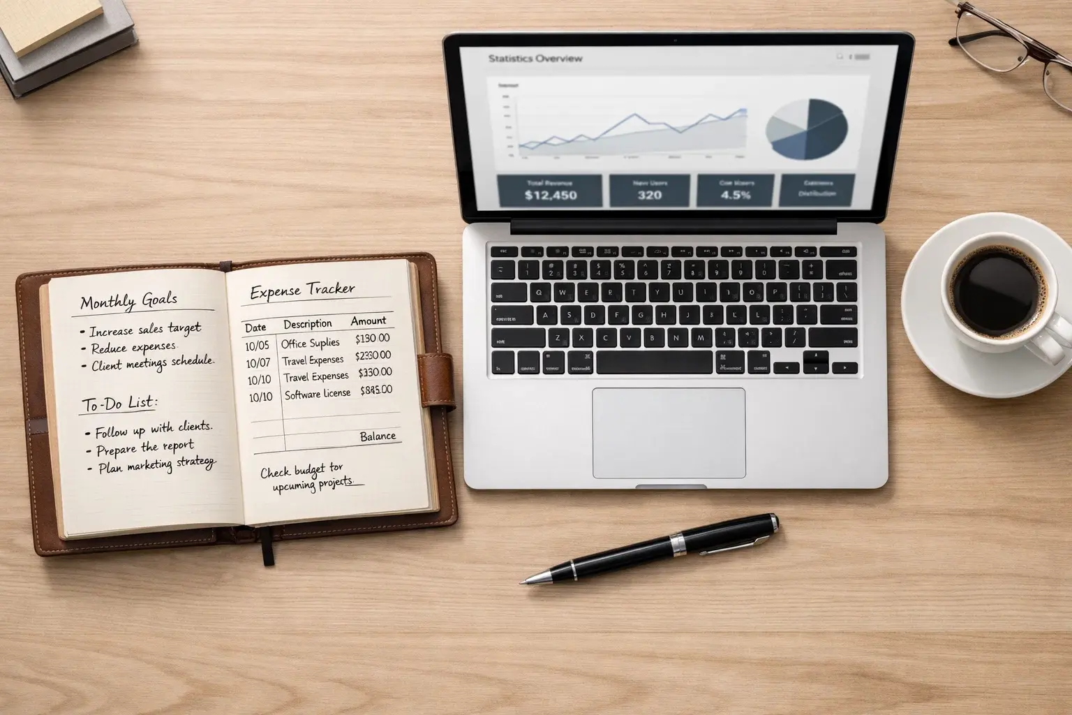 Organised desk with betting journal, laptop showing statistics, and focused work environment