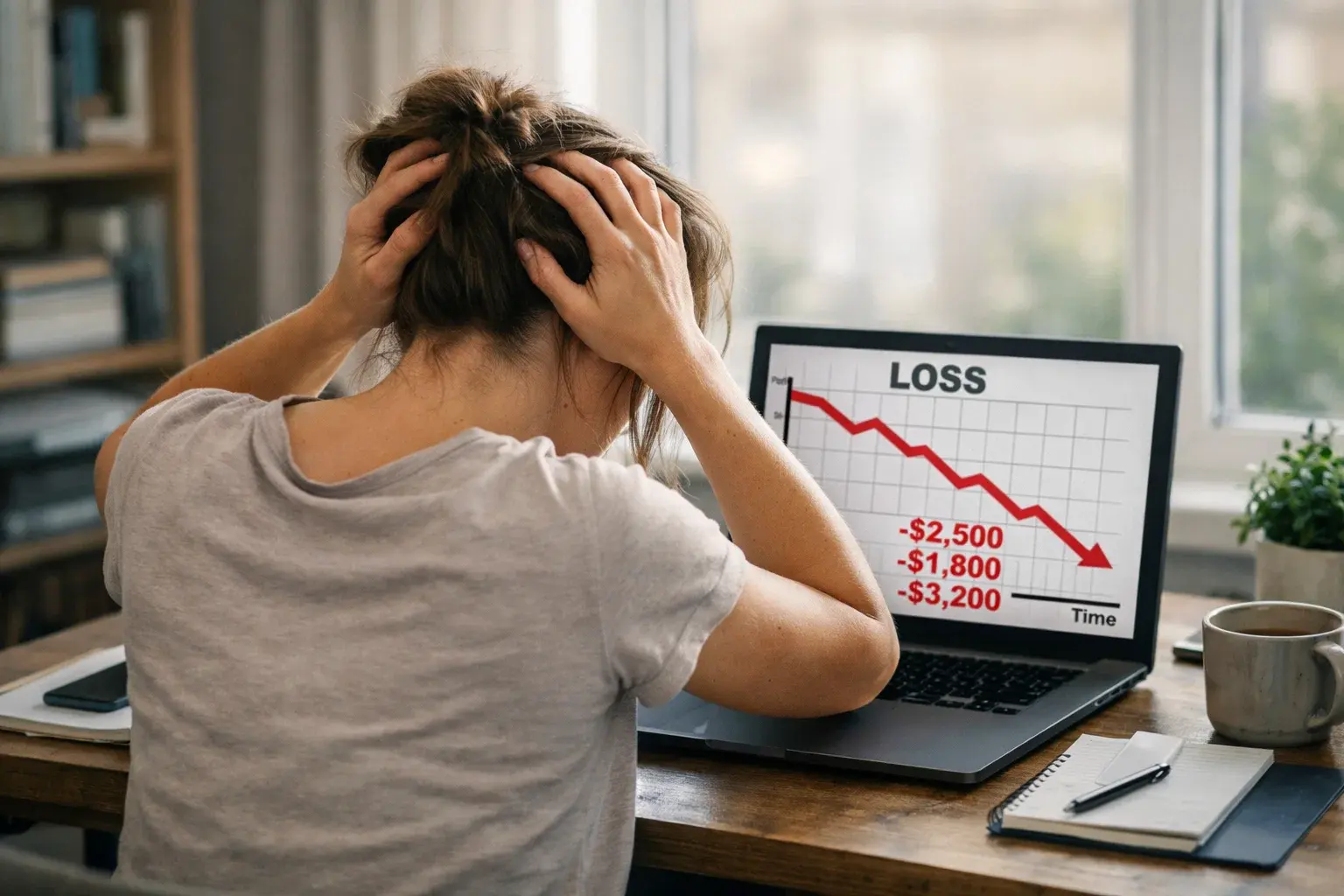 Person experiencing frustration while looking at betting results on laptop screen