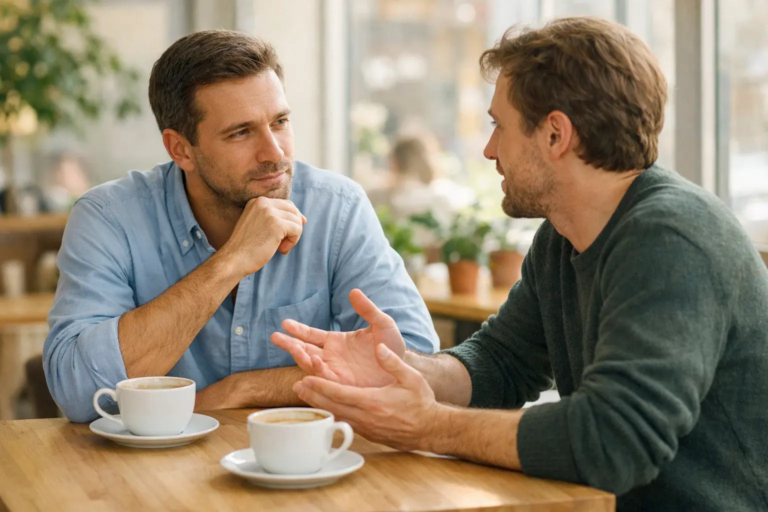 Supportive conversation between two people suggesting help and understanding