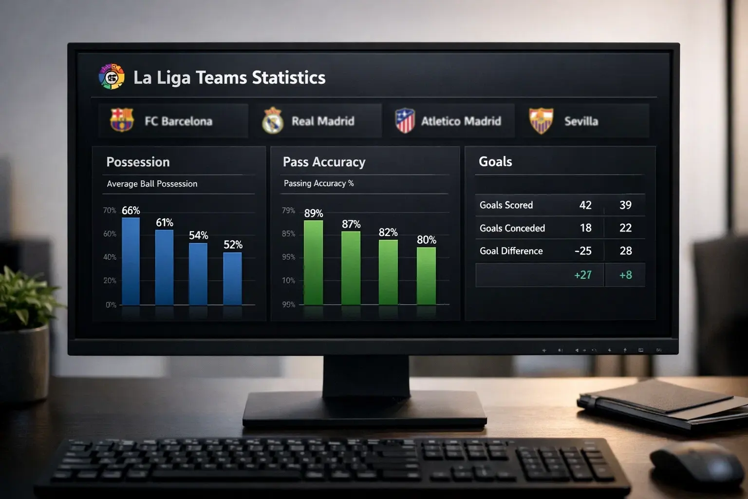 Football statistics dashboard showing La Liga team data