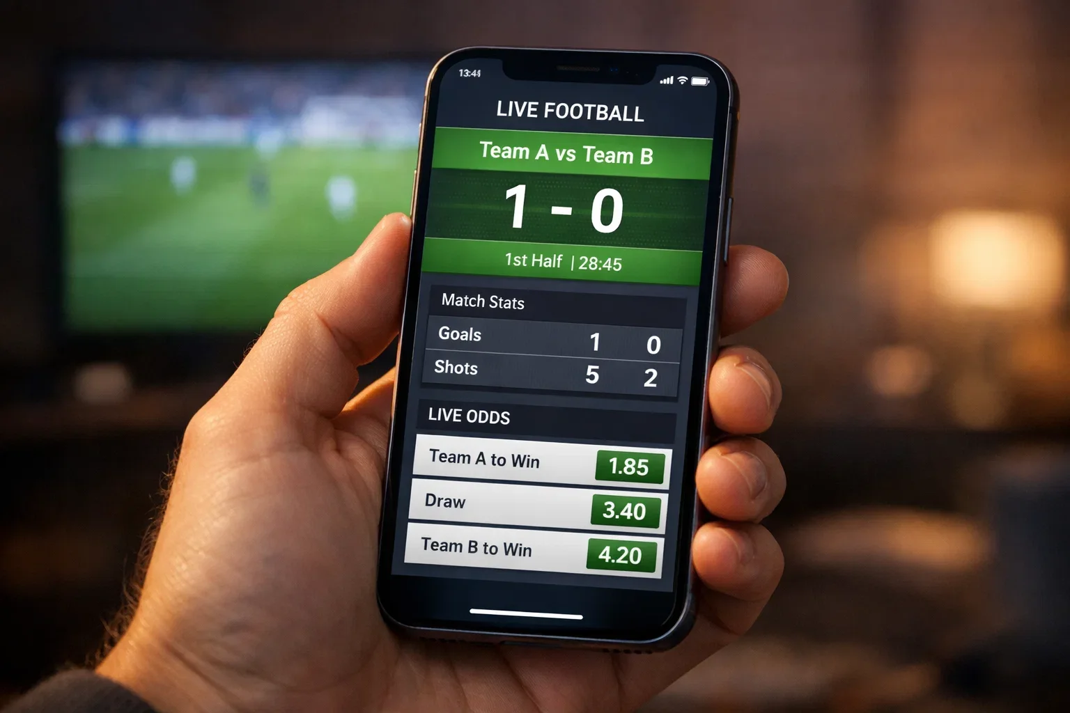 Mobile phone showing live football betting interface with goal statistics