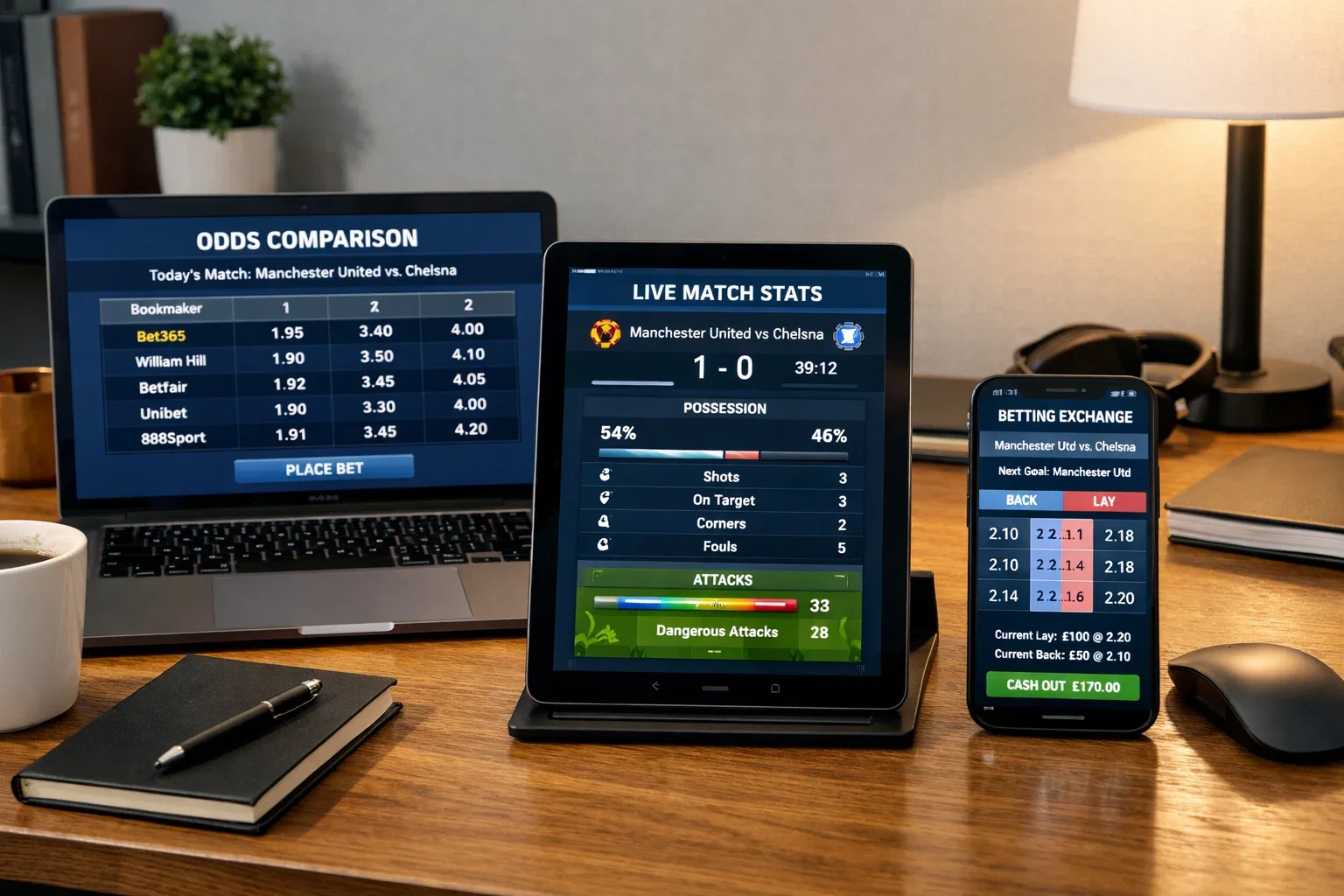 Multiple devices showing live football statistics and betting platforms